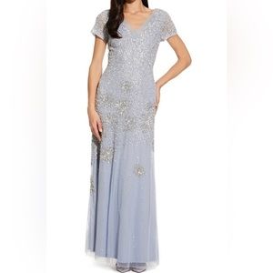 ADRIANNA PAPELL Sequined Zippered V Neck Full-Length Formal Sheath Dress